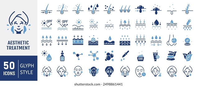 Conjunto de iconos de cuidado de la piel. Crema hidratante, ácido, suero antiarrugas, ceramida, colágeno, compuesto de retinol, Ilustración vectorial de protector solar. Iconos sólidos Vector colección