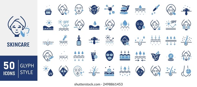 Skin Care Icons gesetzt. Feuchtigkeitscreme, Säure, Anti-Falten-Serum, Ceramid, Kollagen, Retinolverbindung, Sonnenschutz, Vektorgrafik. Vektorgrafik mit durchgezogenen Symbolen