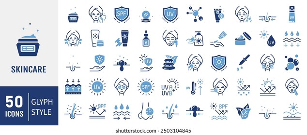 Skin care icons set. Moisture cream, acid, anti wrinkle serum, ceramide, collagen, retinol compound, sunscreen vector illustration. Solid icons vector collection