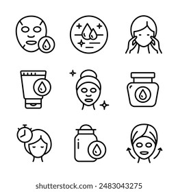 Skin care icons set vector illustration. Makeup removal and skin care icons set. Face, beauty, health, woman, healthy, mask, clean, fresh, girl, cleansing concept. Aesthetic cosmetology line icons, si