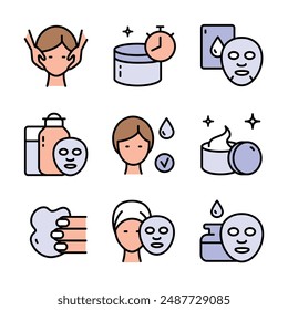 Skin care icons set vector illustration. Face, beauty, health, woman, healthy, mask, cleansing concept. Aesthetic cosmetology color icons, vector pictogram of shiny skin, anti age skin care.