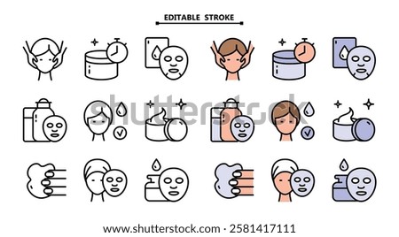 Skin care icons set vector illustration. Editable stroke. Face, beauty, health, woman, healthy, mask, cleansing concept. Aesthetic cosmetology color icons, vector pictogram of shiny skin, anti age ski