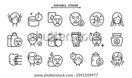 Skin care icons set vector illustration. Editable stroke. Face, beauty, health, woman, healthy, mask, cleansing concept. Aesthetic cosmetology color icons, vector pictogram of shiny skin, anti age ski