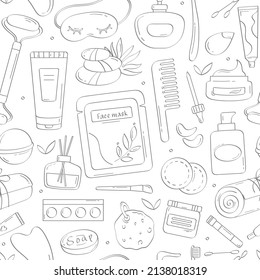 Skin care illustration. Vector seamless pattern of hand drawn hygiene beauty outline products with herbal creams, oil, face mask, makeup tools, towel, bath accessories. Natural organic cosmetics