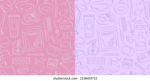 Skin care illustration. Vector seamless pattern of hand drawn hygiene beauty outline products with herbal creams, oil, face mask, makeup tools, towel, bath accessories. Natural organic cosmetics