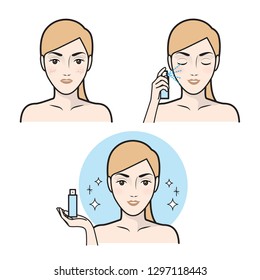 Skin care illustrations.Skin care routine icons set in line style. Vector illustration.