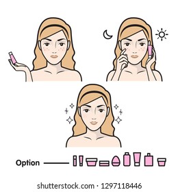 Skin care illustrations.Skin care routine icons set in line style. Vector illustration.