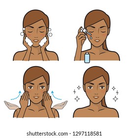 Skin care illustrations.Skin care routine icons set in line style. Vector illustration.