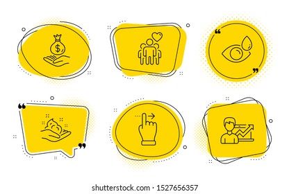 Skin care, Income money and Success business signs. Chat bubbles. Touchscreen gesture, Eye drops and Friendship line icons set. Slide right, Check vision, Trust friends. Hand cream. People set. Vector