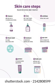 Instrucciones para el cuidado de la piel. Pasos en una rutina de cuidado de la piel.