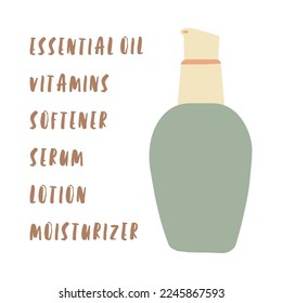 Objeto aislado de cuidado de la piel: botella verde con dispensador beige. Paquete de productos cosméticos de mano para crema, suero, hidratante, loción, spf. Ilustración vectorial plana con letras