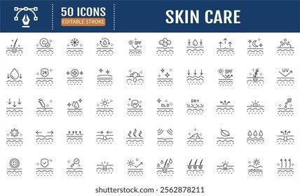 Skin Care Line Editable Icons set. Protection of the skin from the sun, cold, moisture. Ray protection. Skin restoration.Vector Illustration