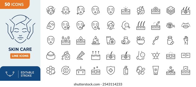 Skin care line editbale icons set. Containing Moisture cream, acid, anti wrinkle serum, ceramide, collagen, retinol compound, sunscreen vector illustration.