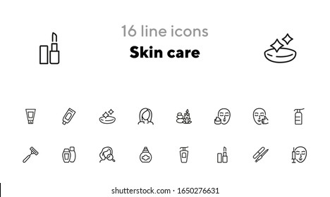 Skin care line icon set. Injection, lipstick, manicure. Beautician concept. Can be used for topics like beauty salon, makeup, cosmetology