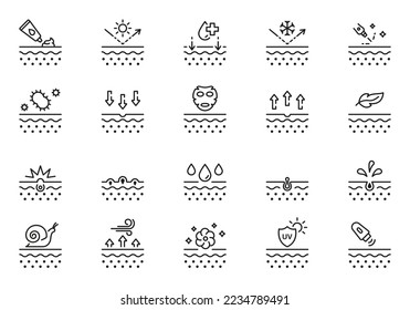 Skin Care Line Icon Set. Skincare Cosmetic, Acne Medical Problem Outline Pictogram. Dermatology and Cosmetology Treatment Linear Icon. Editable Stroke. Isolated Vector Illustration.