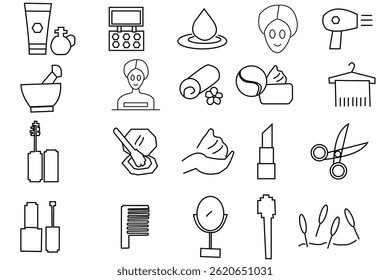 Skin care line icon set. Minimalist line art illustration of beauty and cosmetic icons, including makeup , skin care and essentials in a simple out line vector.