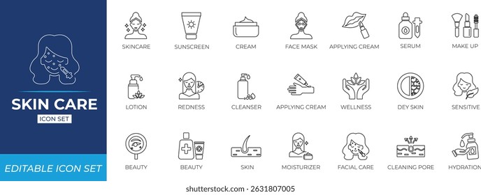Skin care line icon set. Solid line icon collection.