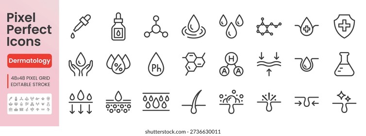 Skin care line icon set. Water drop, retinol, beauty collagen, serum acid, acne treatment, niacinamide minimal vector illustrations. Outline signs for dermatology. 48x48 Pixel Perfect. Editable Stroke