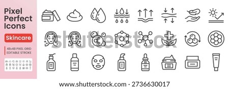 Skin care line icon set. Retinol, beauty collagen, niacinamide, nourishing cream, face anti wrinkle minimal vector illustrations. Simple outline skincare signs. 48x48 Pixel Perfect. Editable Stroke.