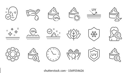 Skin care line icons. Collagen, Cream, Serum oil and Skincare. Face sun lotion gel, Uv protection, vitamin E icons. Face skin care cream protection. Linear set. Quality line set. Vector - Shutterstock ID 1569554626