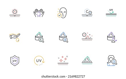 Skin care line icons. Collagen, Cream, Serum oil and Skincare. Face sun lotion gel, Uv protection, vitamin E icons. Face skin care cream protection. Linear set. Bicolor outline web elements. Vector
