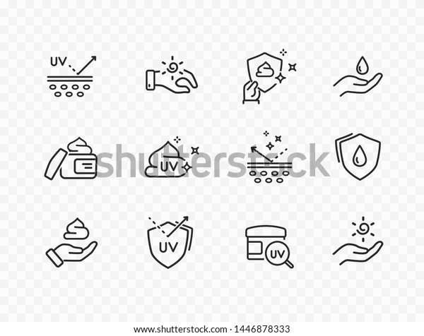 Skin care line icons isolated on transparent\
background. Vector set of sun lotion, medical cream elements,\
protection skin outline stroke\
icons.