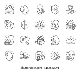 Skin care line icons. Set of Cream, Serum drop and Face gel or lotion linear icons. Oil, Vitamin E and Collagen symbols. 24 hour face care protection. Medical skin cosmetic signs. Vector