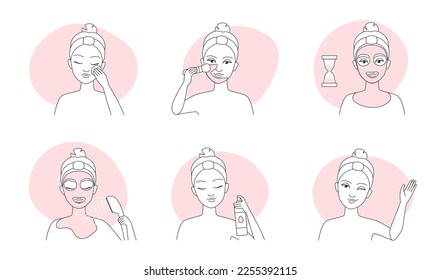 Los iconos de la línea de cuidado de la piel establecen la ilustración vectorial. Esbozos de esquema de personajes femeninos limpiando la piel con productos y procedimientos de belleza para el cuidado de la piel, las niñas aplican máscara de arcilla con cepillo, lavan con agua