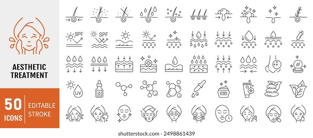 Die Symbole der Hautpflegelinie wurden festgelegt. Feuchtigkeitscreme, Säure, Anti-Falten-Serum, Ceramid, Kollagen, Retinolverbindung, Sonnenschutz, Vektorgrafik. Bearbeitbarer Strich