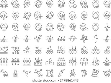 Skin care line icons set. Moisture cream, acid, anti wrinkle serum, ceramide, collagen, retinol compound, sunscreen vector illustration. Editable Stroke