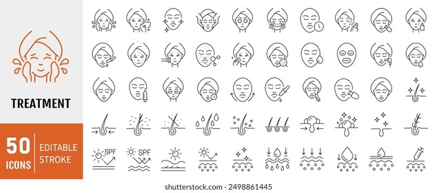 Skin care line icons set. Moisture cream, acid, anti wrinkle serum, ceramide, collagen, retinol compound, sunscreen vector illustration. Editable Stroke