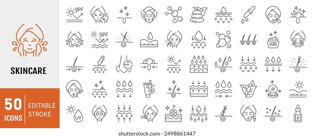 Skin care line icons set. Moisture cream, acid, anti wrinkle serum, ceramide, collagen, retinol compound, sunscreen vector illustration. Editable Stroke