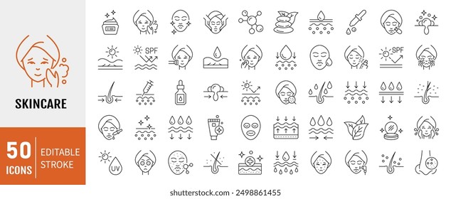 Skin care line icons set. Moisture cream, acid, anti wrinkle serum, ceramide, collagen, retinol compound, sunscreen vector illustration. Editable Stroke