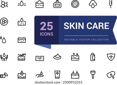 Skin care line icons set. Moisture cream, acid, anti wrinkle serum, creamed, collagen. Pixel perfect, minimalistic web and UI icon. Outline icon collections.