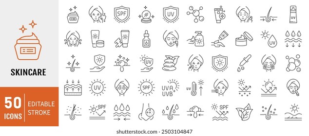 Skin care line icons set. Moisture cream, acid, anti wrinkle serum, ceramide, collagen, retinol compound, sunscreen vector illustration. Editable Stroke