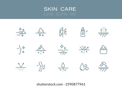 Skin care line icons set. Moisture cream, anti wrinkle serum, ceramide, collagen, retinol compound, sunscreen. Outline signs for skincare products property. Editable Stroke. flat vector illustration