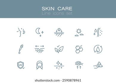 Skin care line icons set. Moisture cream, anti wrinkle serum, ceramide, collagen, retinol compound, sunscreen. Outline signs for skincare products property. Editable Stroke. vector illustration