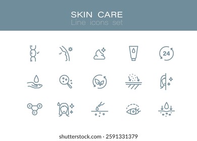 Skin care line icons set. Moisture cream, anti wrinkle serum, ceramide, collagen, retinol compound, sunscreen. Outline signs for skincare products property. Editable Stroke. vector illustration