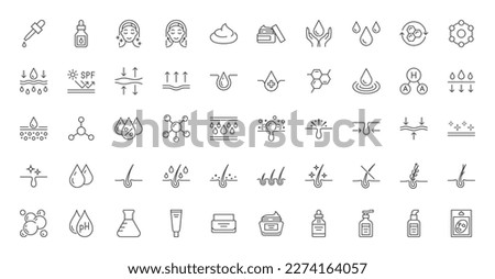 Skin care line icons set. Moisture cream, acid, anti wrinkle serum, ceramide, collagen, retinol compound, sunscreen vector illustration. Outline signs for skincare products property. Editable Stroke