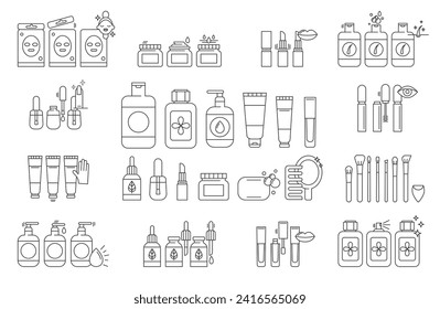 Skin care line icons set.Makeup illustration sign collection.Various different cosmetic products and simple instructions. Packaging in different shapes for skincare products. Editable Stroke. Vector 