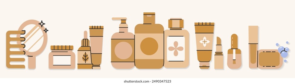 Skin care line icons set.Makeup illustration sign collection.Various different cosmetic products. Packaging in different shapes for skincare products. Editable Stroke. Vector illustration EPS10