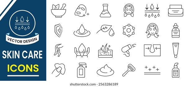 Skin care line icons, vector set.  Cosmetic cream, woman's face linear sign, symbol. Moisture cream, acid, anti wrinkle serum,  sunscreen, ceramide, collagen, retinol compound. vector illustration.