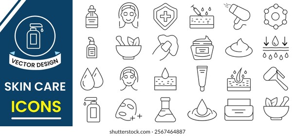 Skin care line icons, vector set. Sunscreen, Moisture cream, acid, anti wrinkle serum, ceramide, collagen, retinol compound line icon, vector set. Vector illustration.