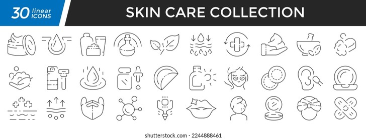 Skin care linear icons set. Collection of 30 icons in black