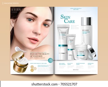 Skin care magazine design, set of cosmetic mockup with charming model portrait in 3d illustration, magazine or catalog brochure template for design uses