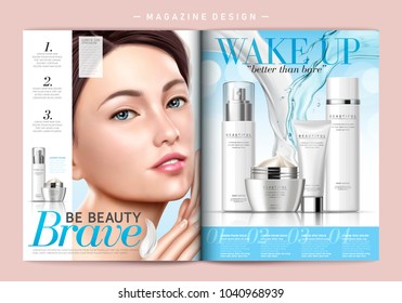 Skin care magazine template, cosmetic products and attractive model, cream and watery liquid pouring down together in 3d illustration