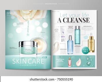 Skin care magazine template, extract essence dripping down from white rose isolated bokeh background, cosmetic products listed on the right side, 3d illustration