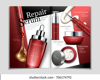 Skin care magazine template, repair series cosmetic set in 3d illustration in red tone for design uses