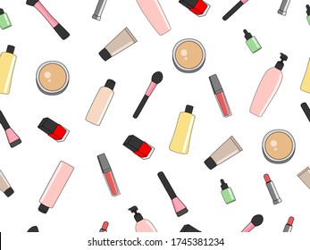 Skin care and make up products. Beauty set. Seamless pattern vector illustration