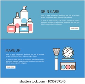 Skin care, and makeup, website pages, with text and titles, containers with tubes, eyeshadows and brush, mirror and buttons, vector illustration